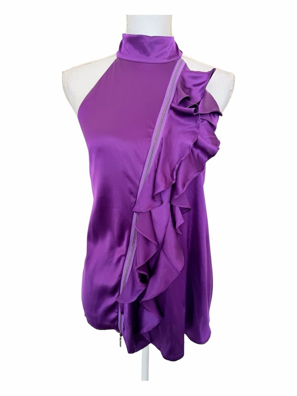 NWT Vintage Bebe Y2K Purple Silk Blend Asymmetrical Ruffle Zip Tunic Top -Size L